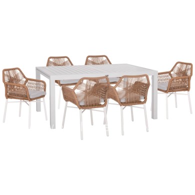 OUTDOOR DINING SET 7PCS KRUM HM21132 WHITE ALUMINUM--P.E.TWISTED RATTAN