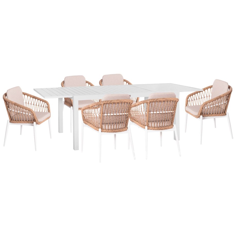 OUTDOOR DINING SET 7PCS KRUM HM21149 WHITE ALUMINUM--P.E. RATTAN