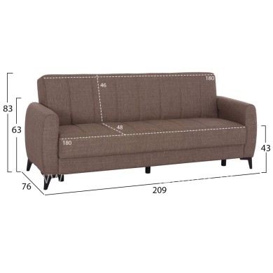 SOFA-BED 3-SEATER WITH STORAGE SPACE NIKKO HM3292.02 BROWN FABRIC 209x76x83Hcm.