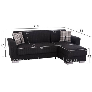 CORNER SOFA-BED WITH STORAGE SPACE BRONKO HM3291.01 FABRIC IN ANTHRACITE COLOR 218x138x77Hcm.