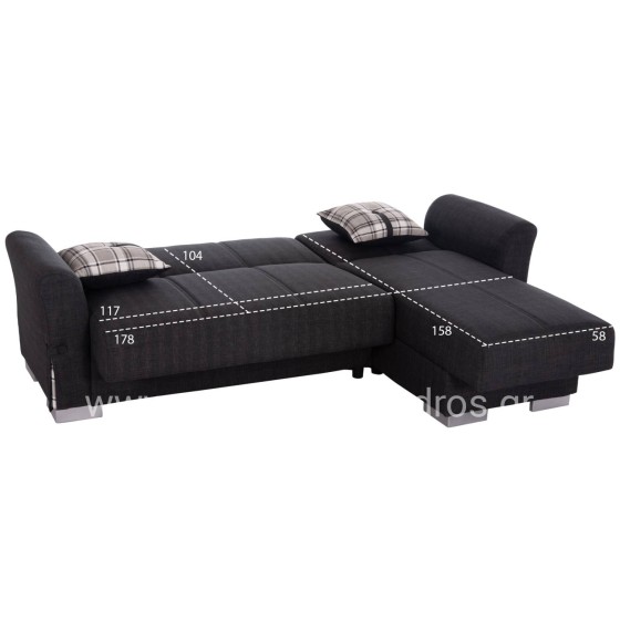 CORNER SOFA-BED WITH STORAGE SPACE BRONKO HM3291.01 FABRIC IN ANTHRACITE COLOR 218x138x77Hcm.