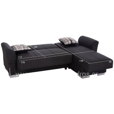 CORNER SOFA-BED WITH STORAGE SPACE BRONKO HM3291.01 FABRIC IN ANTHRACITE COLOR 218x138x77Hcm.