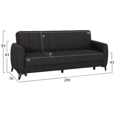 SOFA-BED 3-SEATER WITH STORAGE SPACE NIKKO HM3292.01 GREY FABRIC 209x76x83Hcm.