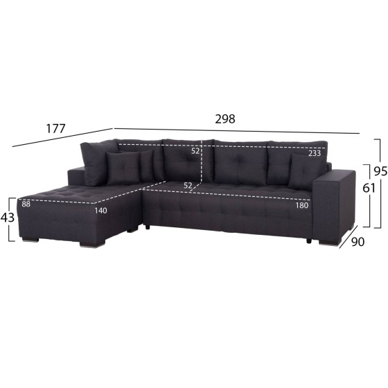 CORNER SOFA-BED WITH STORAGE SPACE TRENDSTON HM3302.01L GREY FABRIC 298x177x95Hcm.