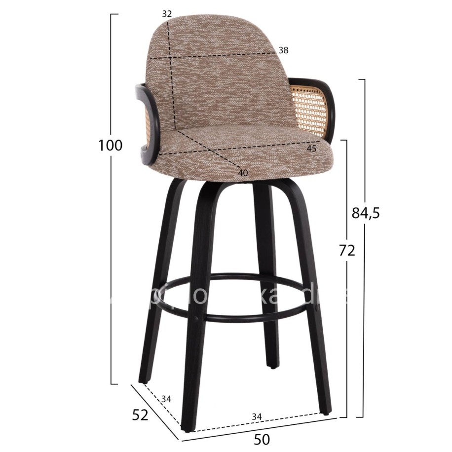 BAR STOOL SWIVEL BECKER HM18251.03 PLYWOOD IN BLACK--FABRIC IN BROWN 50x52x100Hcm.