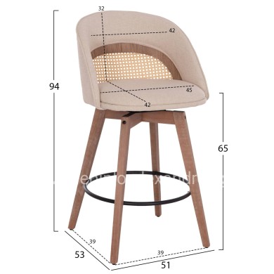 BAR STOOL SWIVEL RIKI HM18253.01 WOODEN LEGS--BEIGE FABRIC 51x53x94Hcm.