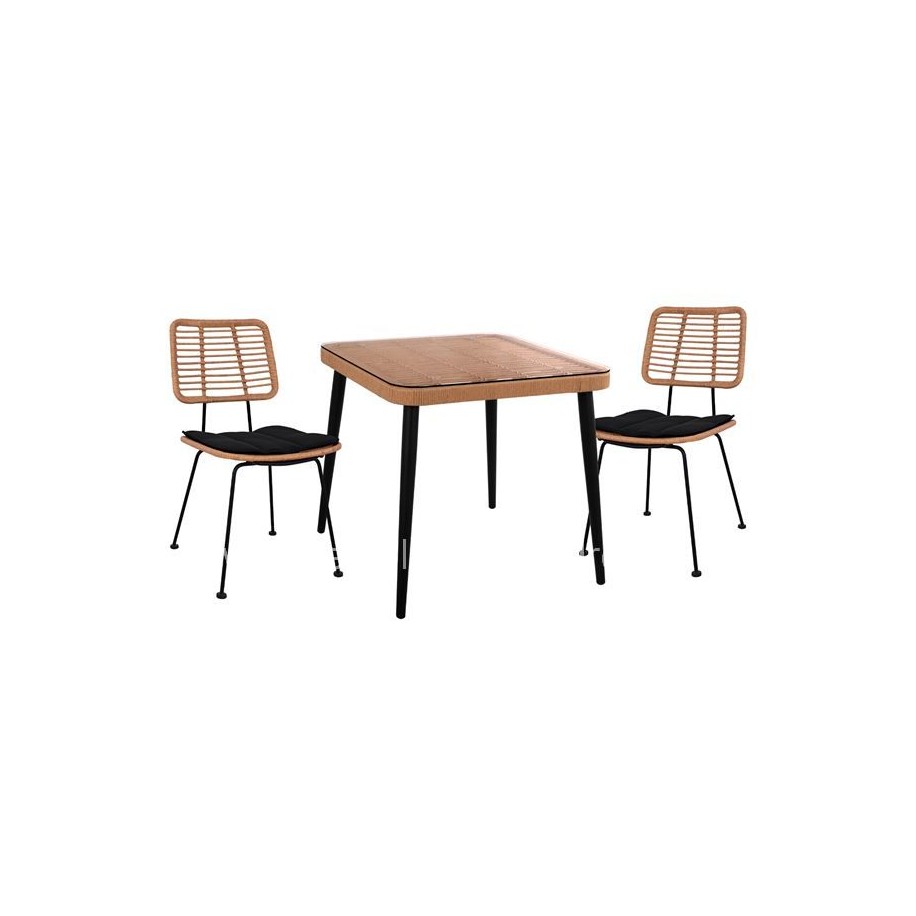 Set 3 pieces Allegra wicker with Table 80x80x78 cm Beige & Black Color HM10485