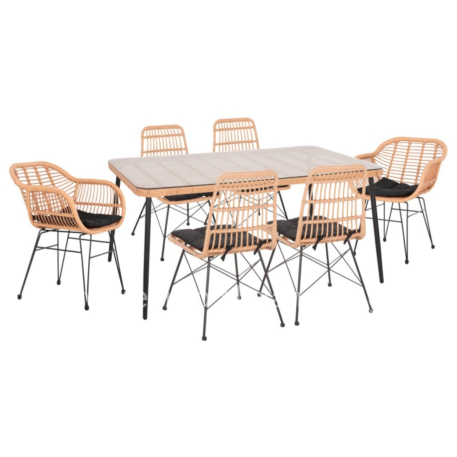 OUTDOOR DINING SET 7PCS ALLEGRA HM10495 WICKER IN BEIGE-METAL IN BLACK