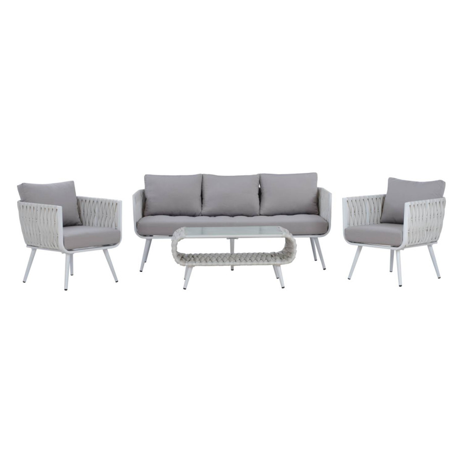 OUTDOOR LOUNGE SET 4PCS VARNAMO HM5282.12 ALUMINUM IN WHITE-STRAP ROPE IN GREY-TEMPERED GLASS