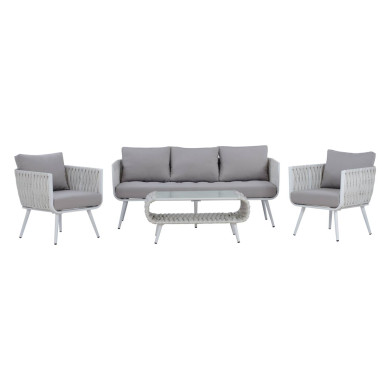 OUTDOOR LOUNGE SET 4PCS VARNAMO HM5282.12 ALUMINUM IN WHITE-STRAP ROPE IN GREY-TEMPERED GLASS