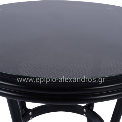 Aluminum Table '70cm Bamboo Look HM5532.02 Black with Glass Φ70X76 cm