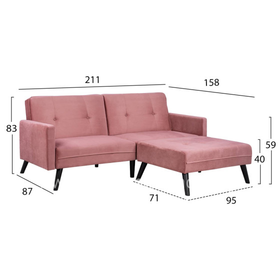CORNER SOFA BED VELVET DUSTY PINK WITH FOOTREST 211X158X83Y cm.HM3151.02