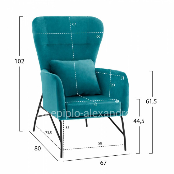 Armchair Velvet Turquoise with metallic black leg HM8721.08 67x80x102 cm.