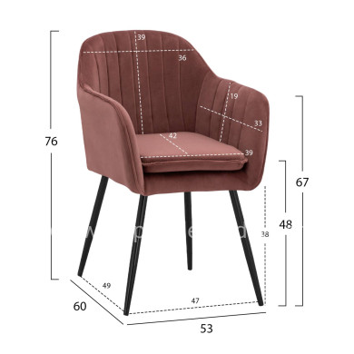 VELVET ARMCHAIR SAWYER IN DUSTY PINK WITH BLACK LEGS HM8523.12 53x60x76cm