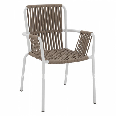 WHITE ALUMINUM ARMCHAIR WITH WIDE ROPE CAPPUCCINO HM5784.01 56x58x85 cm.