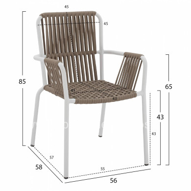 WHITE ALUMINUM ARMCHAIR WITH WIDE ROPE CAPPUCCINO HM5784.01 56x58x85 cm.