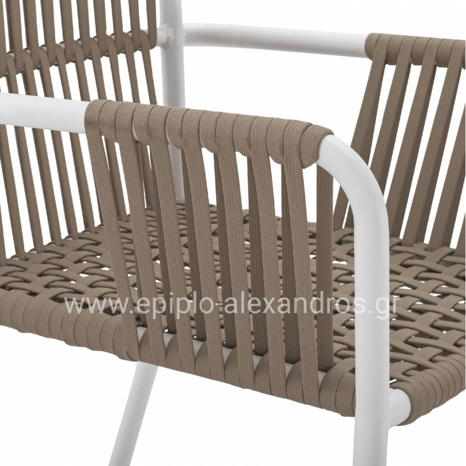 WHITE ALUMINUM ARMCHAIR WITH WIDE ROPE CAPPUCCINO HM5784.01 56x58x85 cm.