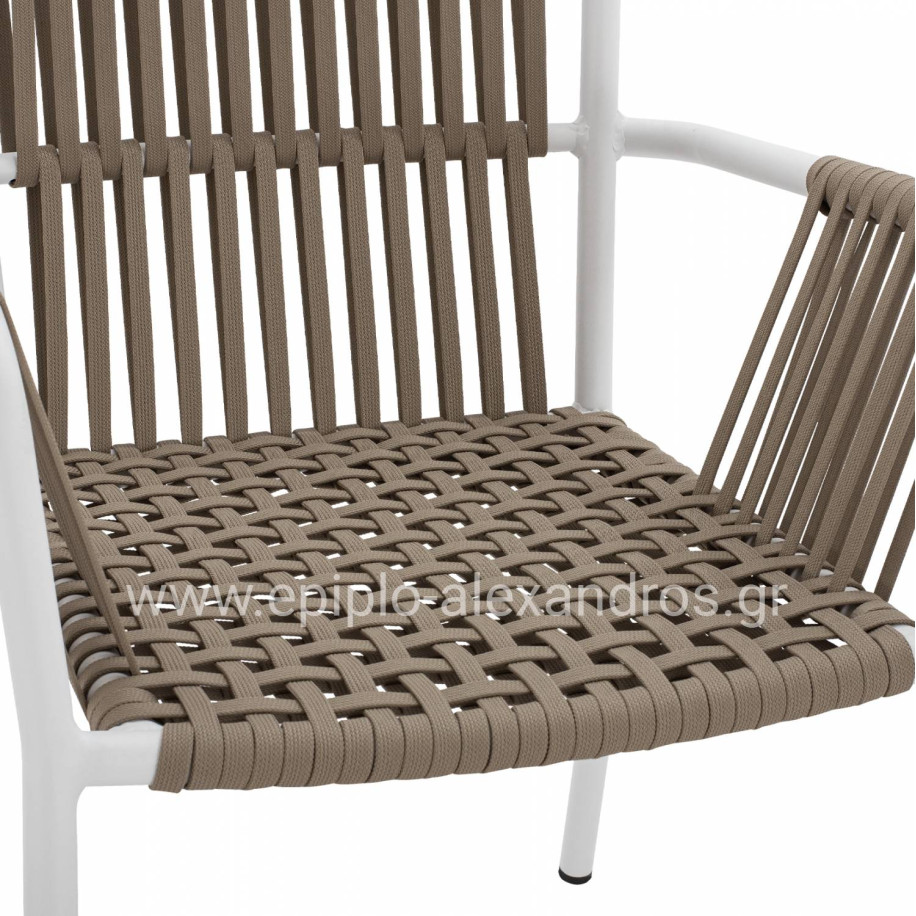 WHITE ALUMINUM ARMCHAIR WITH WIDE ROPE CAPPUCCINO HM5784.01 56x58x85 cm.