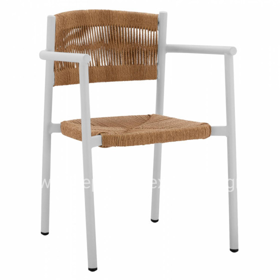 WHITE ALUMINUM ARMCHAIR WITH BEIGE PE ROPE HM5786.01 55,5x50x77,5 cm.