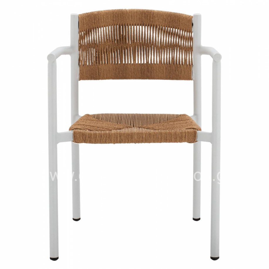 WHITE ALUMINUM ARMCHAIR WITH BEIGE PE ROPE HM5786.01 55,5x50x77,5 cm.