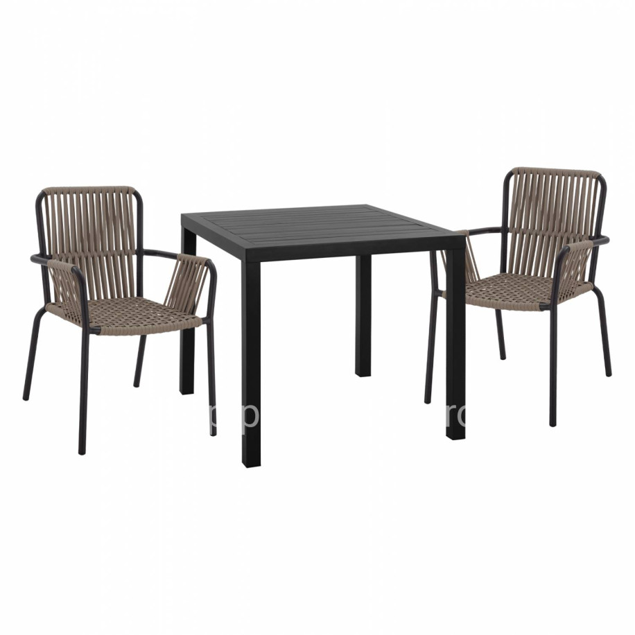DINING SET 3PCS ALUMINUM TABLE 80X80 & COAL ARMCHAIRS HM11439