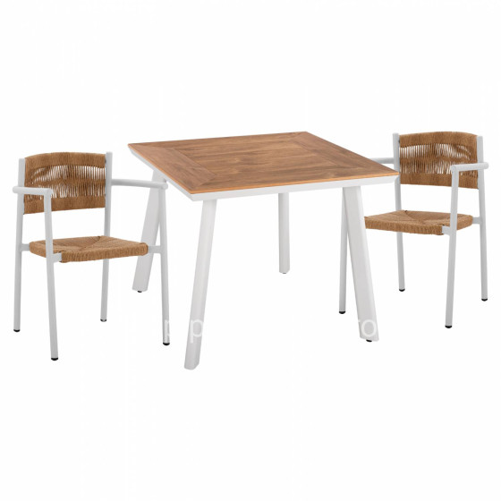DINING SET 3PCS ALUMINUM TABLE 80X80 & WHITE ARMCHAIR HM11441