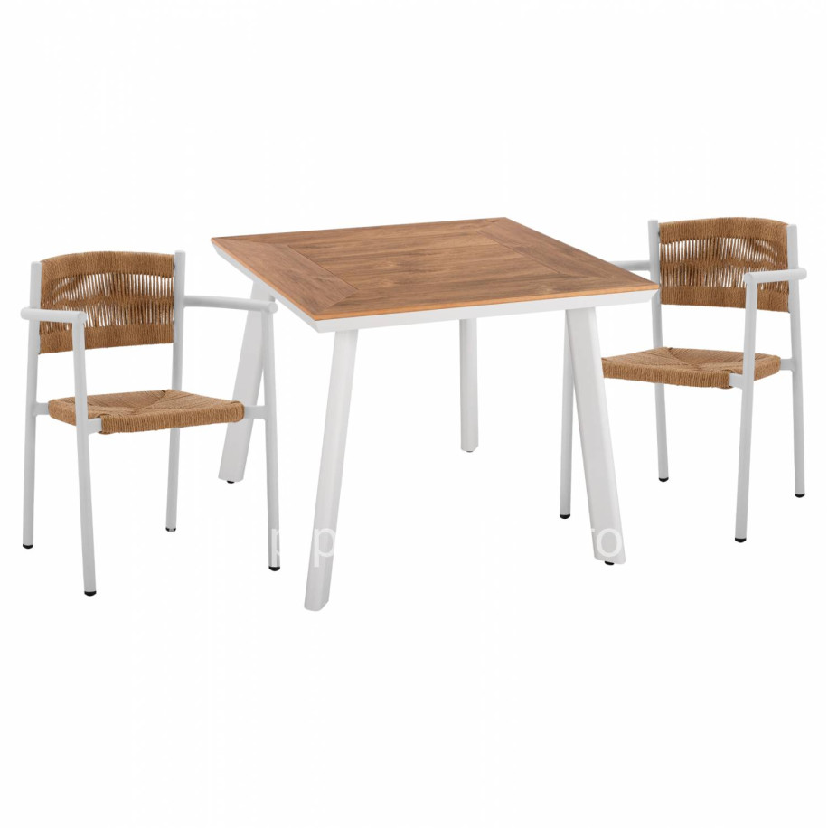 DINING SET 3PCS ALUMINUM TABLE 80X80 & WHITE ARMCHAIR HM11441