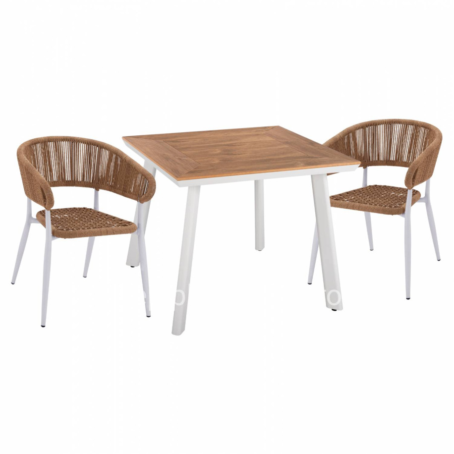 DINING SET 3PCS ALUMINUM TABLE 80X80 & WHITE ARMCHAIR HM11442