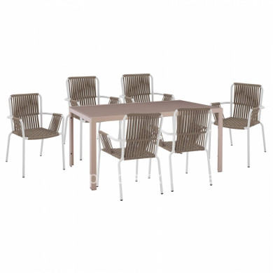 DINING SET 7PCS CAPPUCCINO TABLE 150x90 & WHITE ARMCHAIR WITH ROPE HM11500