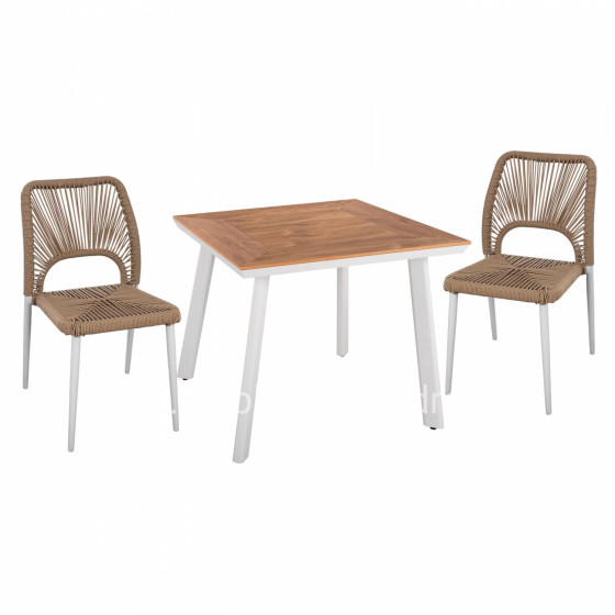 DINING SET 3PCS WHITE TABLE 80x80 AND CHAIR WITH ROPE HM11536.01