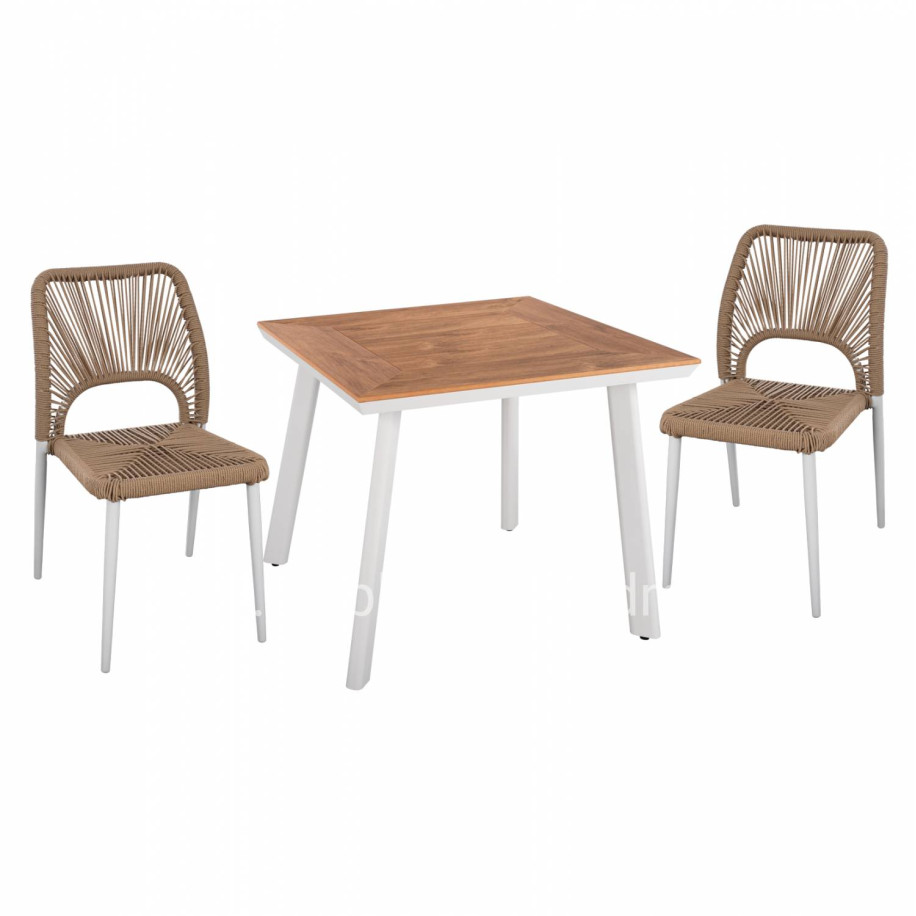 DINING SET 3PCS WHITE TABLE 80x80 AND CHAIR WITH ROPE HM11536.01