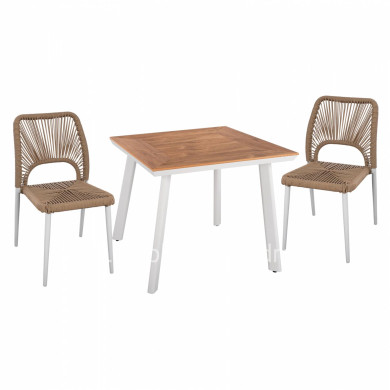 DINING SET 3PCS WHITE TABLE 80x80 AND CHAIR WITH ROPE HM11536.01