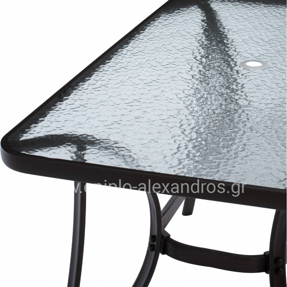 OUTDOOR TABLE BROWN METAL GLASS TOP WITH UMBRELLA HOLE 120Χ70Χ72Hcm.HM5021.12