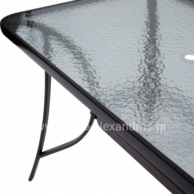 OUTDOOR TABLE BROWN METAL GLASS TOP WITH UMBRELLA HOLE 120Χ70Χ72Hcm.HM5021.12