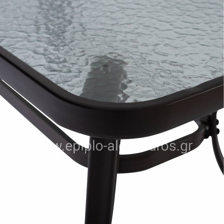 OUTDOOR TABLE BROWN METAL GLASS TOP WITH UMBRELLA HOLE 120Χ70Χ72Hcm.HM5021.12