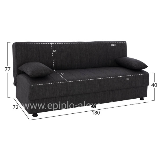 Hm3239.03 ANDRI three-seater sofa-bed, gray fabric, short legs, without arms
