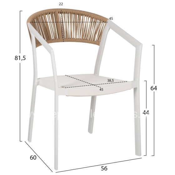 ARMCHAIR ALUMINUM MIRI HM5891.02 WHITE FRAME AND TEXTLINE- BEIGE RATTAN BACKREST 56x60x81,5Hcm.