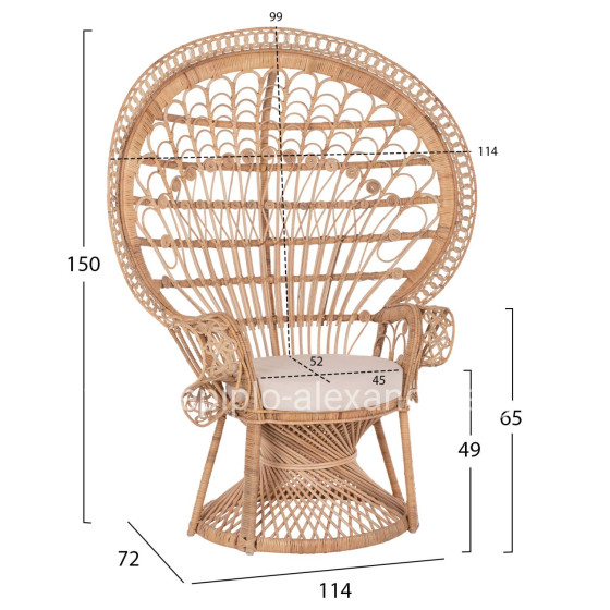 ARMCHAIR ROYAL PEACOCK HM9342 RATTAN IN NATURAL- CUSHION BEIGE 114x72x150Hcm.