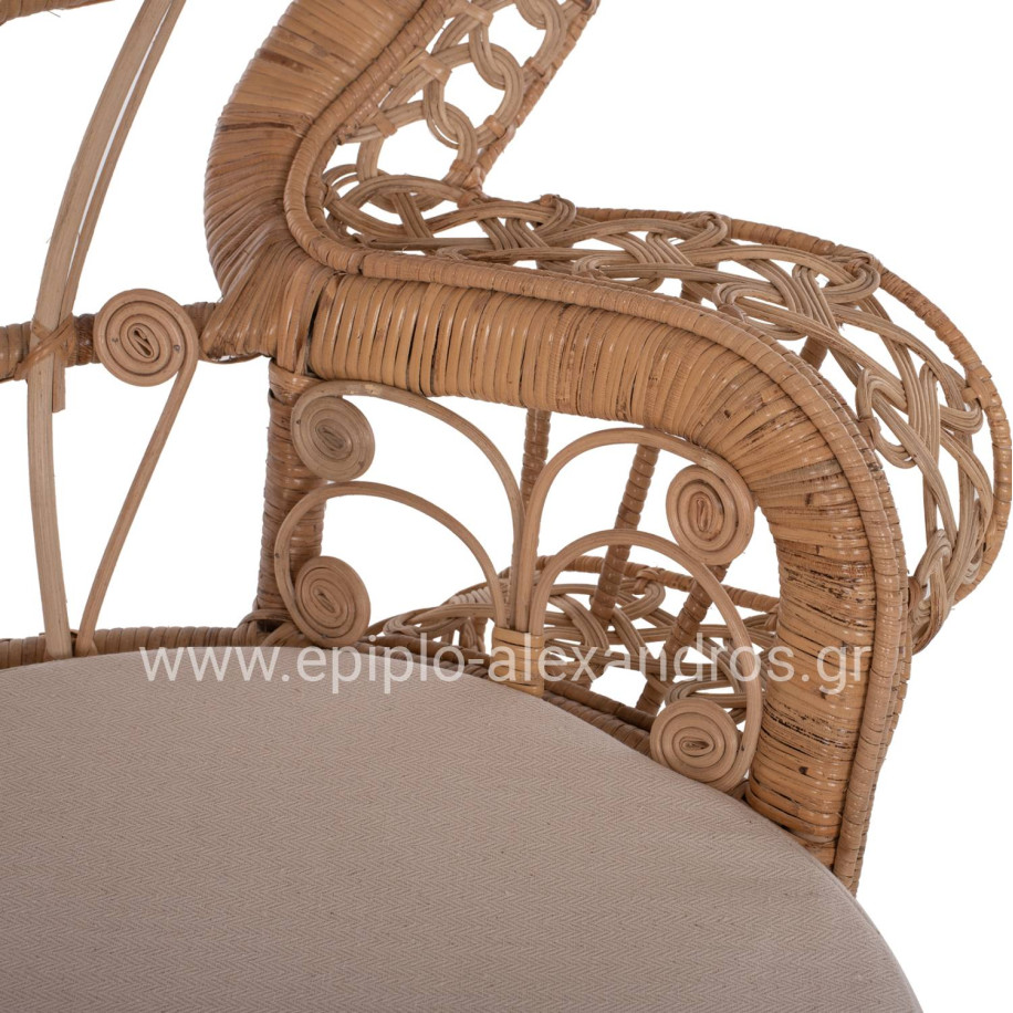 ARMCHAIR ROYAL PEACOCK HM9342 RATTAN IN NATURAL- CUSHION BEIGE 114x72x150Hcm.
