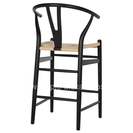 BAR STOOL BRAVE HM9405.02 WITH WISHBONE BACK BEECH WOOD BLACK--WHITE ROPE 48x53x100Hcm.