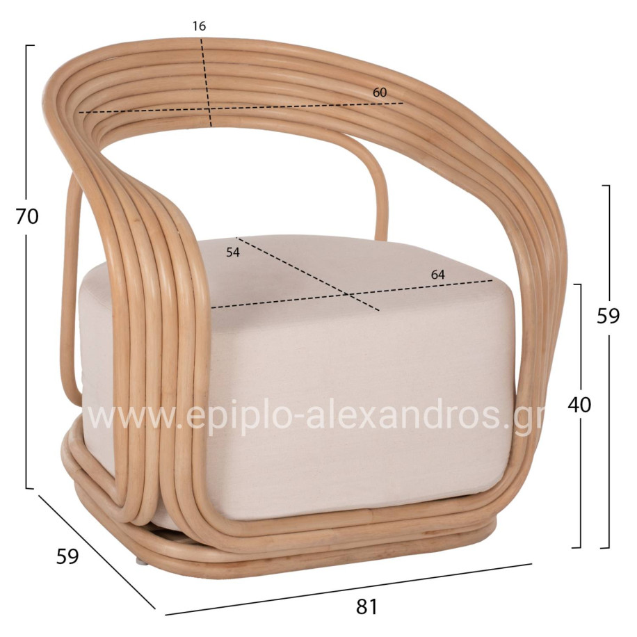 ARMCHAIR DUCHESS RATTAN WITH BIG ECRU CUSHION HM9478 81x59x70 cm.