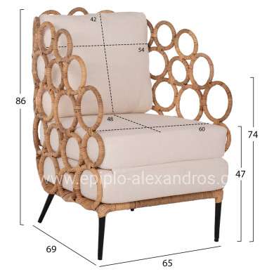 ΑRMCHAIR RINGER FB99341 RATTAN-METAL NATURAL COLOR 65x69x86H cm.
