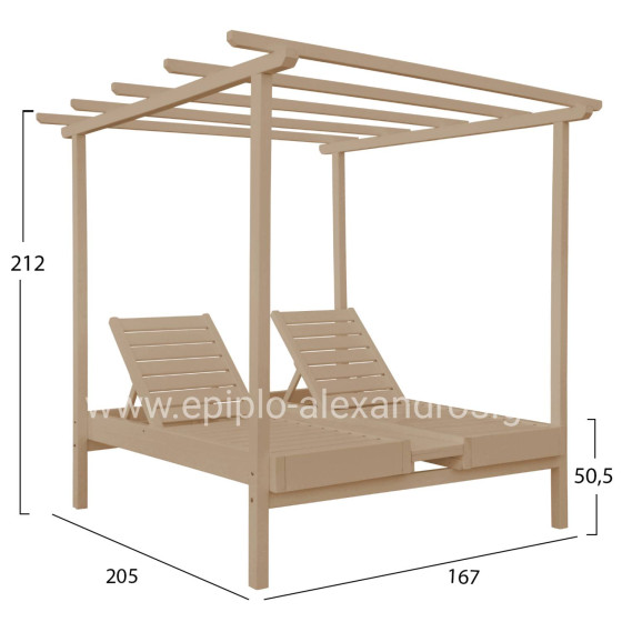 DECKCHAIR MYKONOS PROFESSIONAL WOODEN IN BEIGE COLOR DOUBLE WITH CANOPY 205x167x212Hcm.HM5428.02