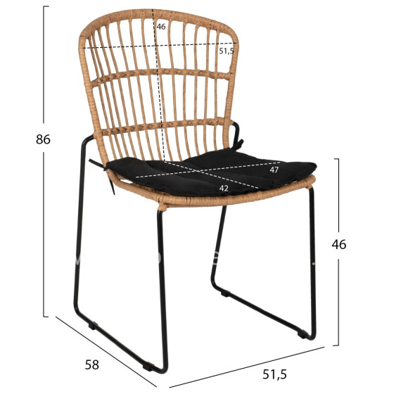 CHAIR PROFESSIONAL METAL BLACK CUSHION BLACK RATTAN NATURAL 51.5x58x86Hcm.HM5866.01