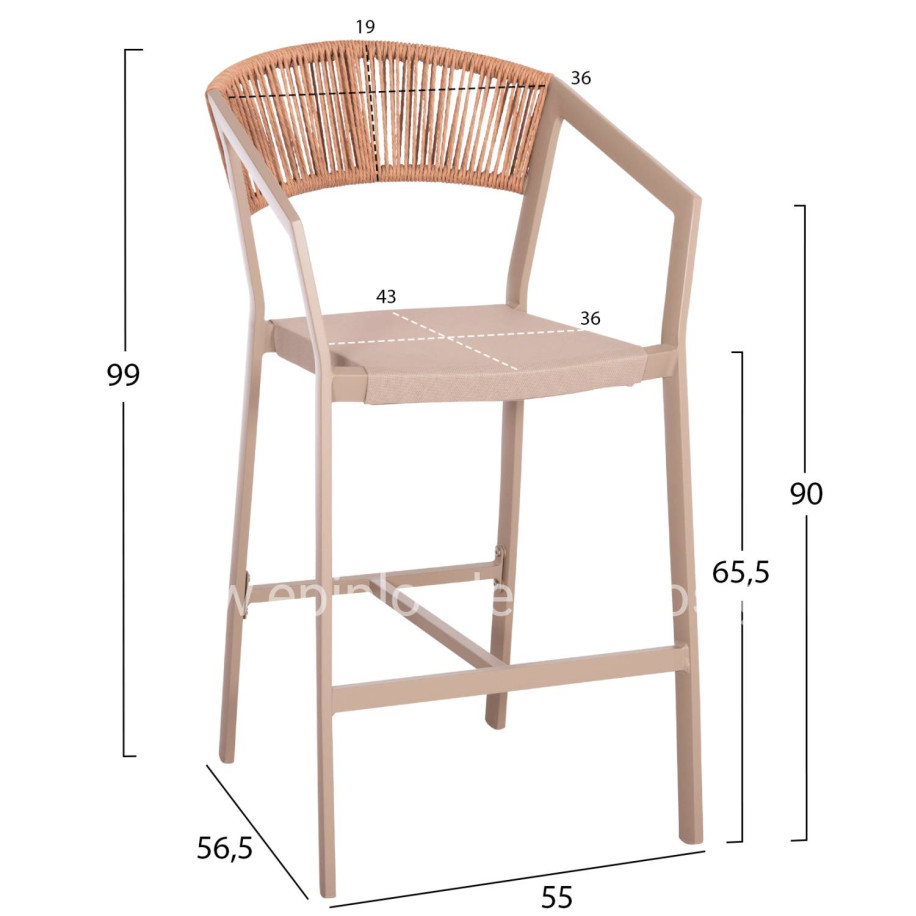 BAR STOOL ALUMINUM CHAMPAGNE HM5892.13 MEDIUM HEIGHT WITH ARMS-RATTAN & TEXTLINE 55x56.5x99Hcm.