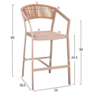 BAR STOOL ALUMINUM CHAMPAGNE HM5892.13 MEDIUM HEIGHT WITH ARMS-RATTAN & TEXTLINE 55x56.5x99Hcm.