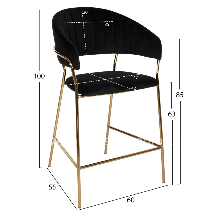 BAR STOOL THEODORE HM8734.04 BLACK VELVET GOLD METAL FRAME 60x55x100Hcm.