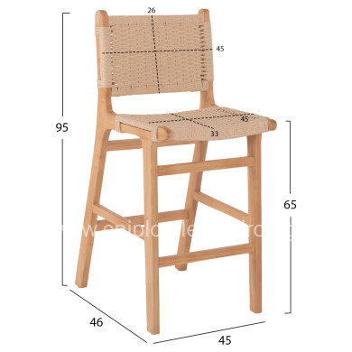BARSTOOL MEDIUM-HEIGHT HM9332.01 RUBBERWOOD & ROPE- NATURAL COLOR 45x46x95Hcm.
