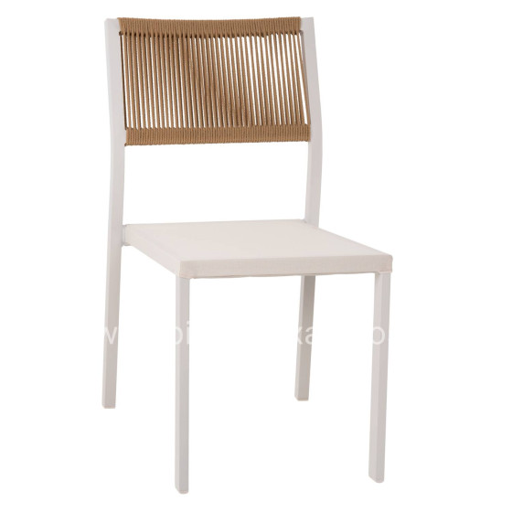 CHAIR ALUMINUM HM5921.02 WHITE FRAME AND TEXTLINE WITH BEIGE SYNTHETIC RATTAN 46x55,5x83Hcm.