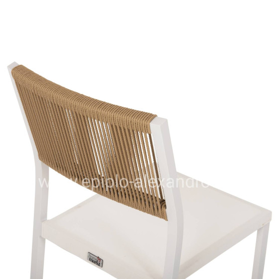 CHAIR ALUMINUM HM5921.02 WHITE FRAME AND TEXTLINE WITH BEIGE SYNTHETIC RATTAN 46x55,5x83Hcm.